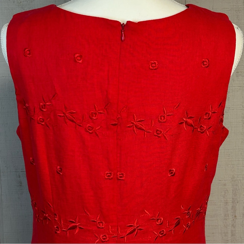 Vintage Linen Blend Midi Dress Sz 12 Sleeveless Floral Embroidery Romantic Red - Picture 5 of 11